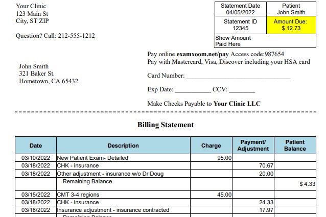 Exam Xoom billing statement showing charges, insurance adjustments, and patient balance